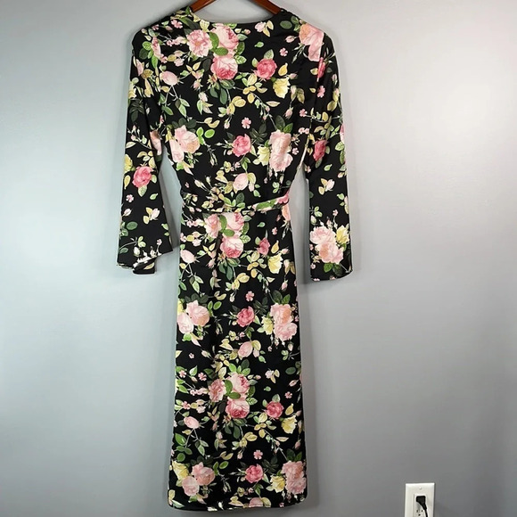 BLEUH CIEL Floral Kimono Style Open Tied Robe Satin Side Slits Size S - Picture 7 of 12